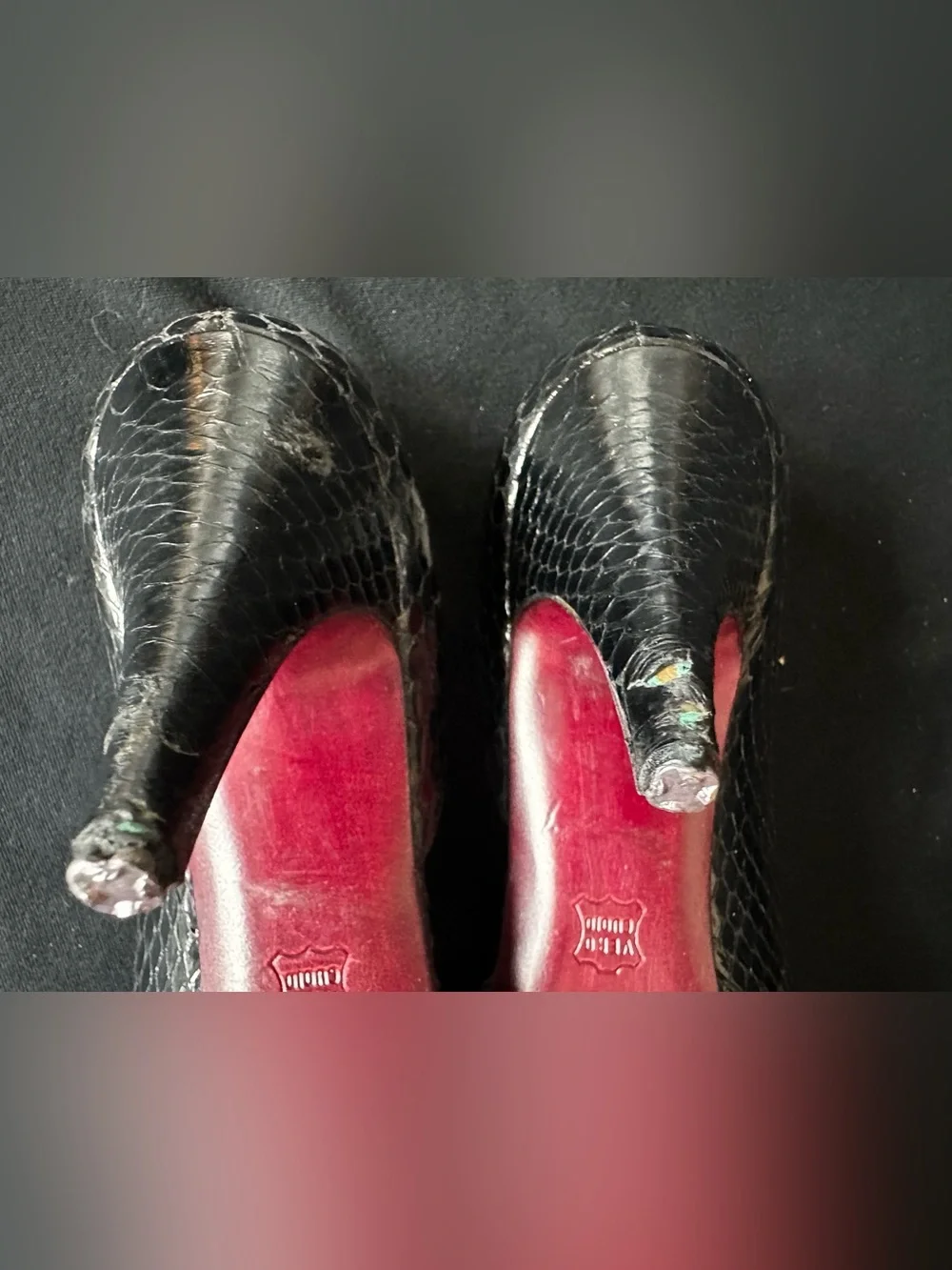 Bruno Magli Black Snakeskin Peep-Toe Heels with Red Heel Detail made in Italy 9